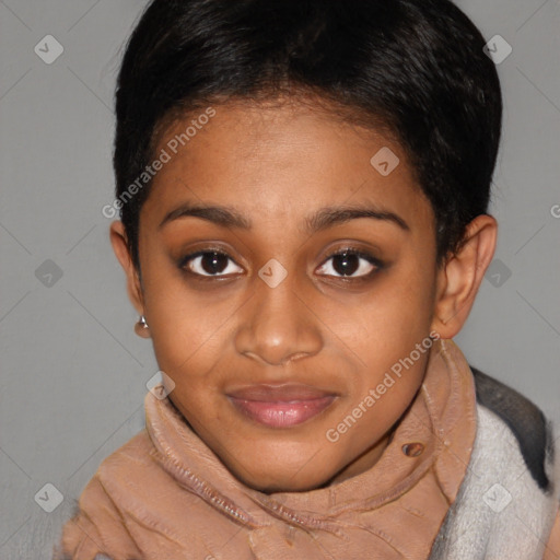 Joyful black young-adult female with short  brown hair and brown eyes