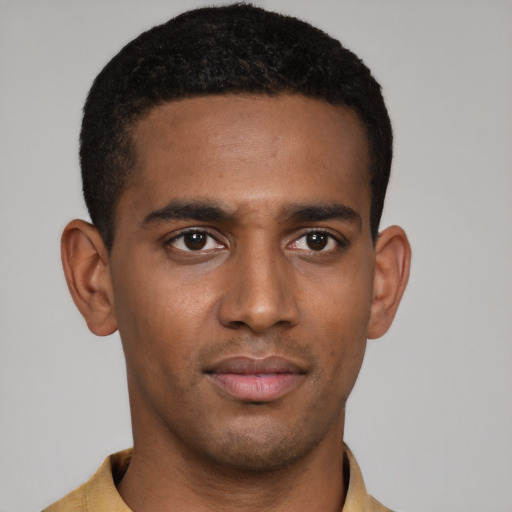 Neutral black young-adult male with short  black hair and brown eyes