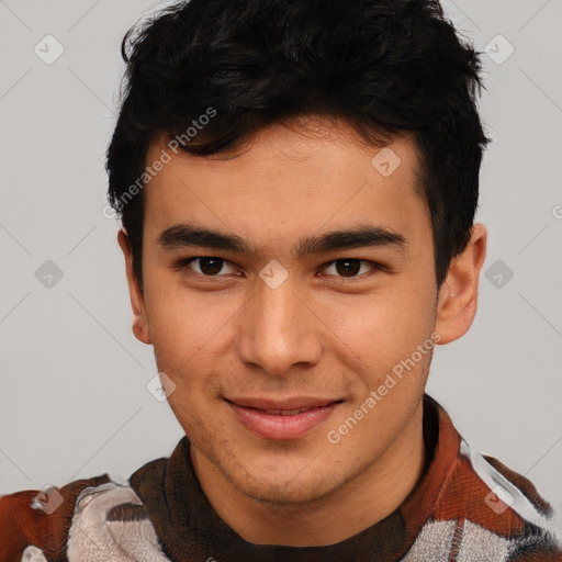Joyful latino young-adult male with short  brown hair and brown eyes
