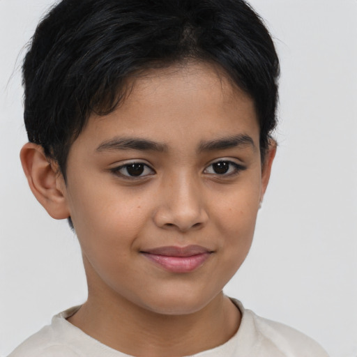 Joyful asian child female with short  brown hair and brown eyes