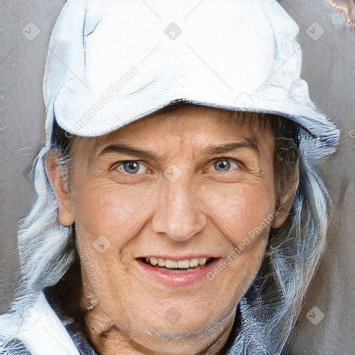 Joyful white adult male with short  brown hair and grey eyes