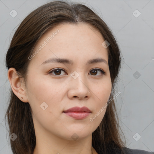 Neutral white young-adult female with long  brown hair and brown eyes