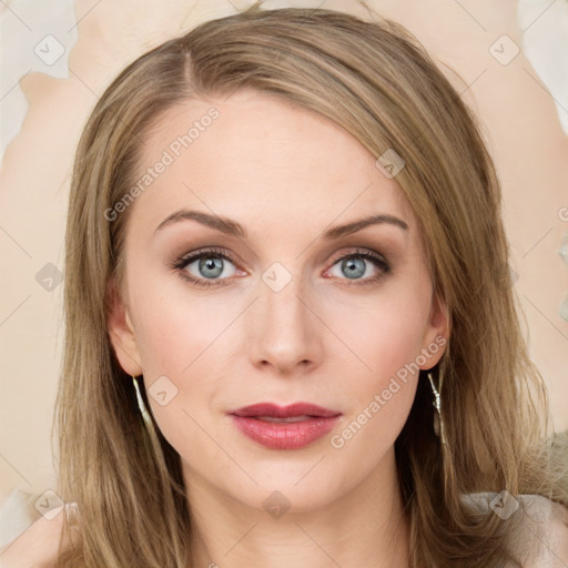 Joyful white young-adult female with long  brown hair and blue eyes