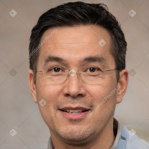 Joyful white adult male with short  black hair and brown eyes