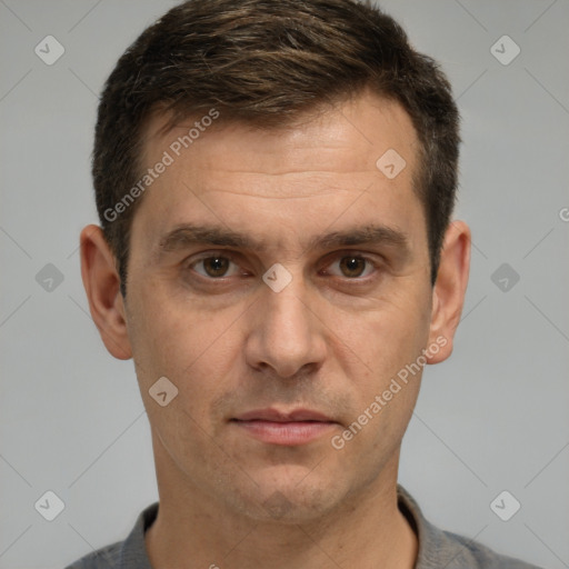 Neutral white adult male with short  brown hair and brown eyes