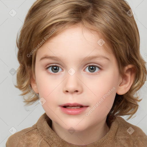 Neutral white child female with medium  brown hair and grey eyes