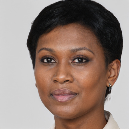 Joyful black young-adult female with short  black hair and brown eyes