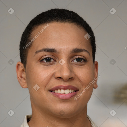 Joyful white young-adult female with short  brown hair and brown eyes