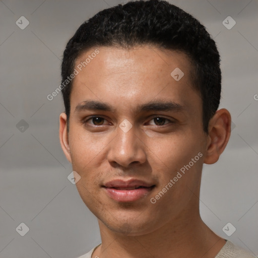 Joyful white young-adult male with short  black hair and brown eyes