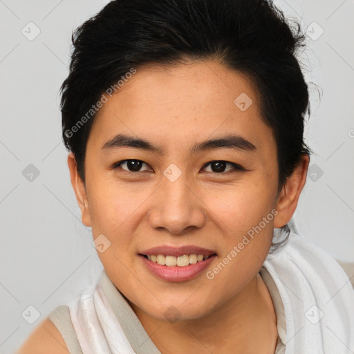 Joyful asian young-adult female with medium  brown hair and brown eyes