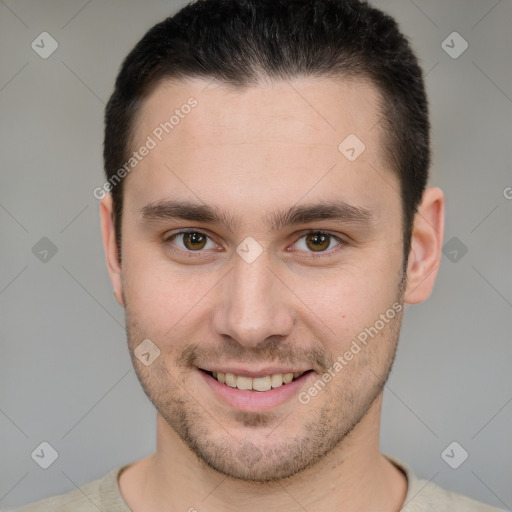 Joyful white young-adult male with short  brown hair and brown eyes