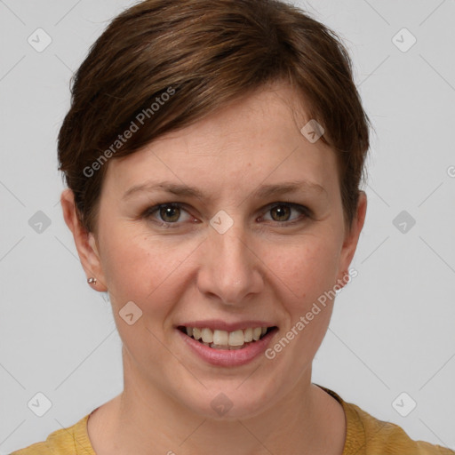 Joyful white young-adult female with short  brown hair and grey eyes