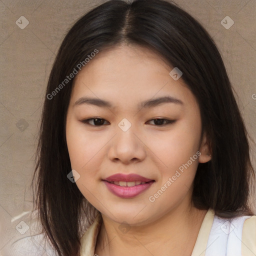 Joyful asian young-adult female with long  brown hair and brown eyes