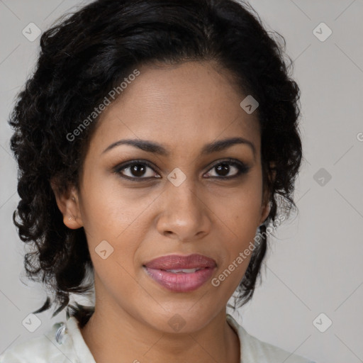 Joyful black young-adult female with medium  brown hair and brown eyes