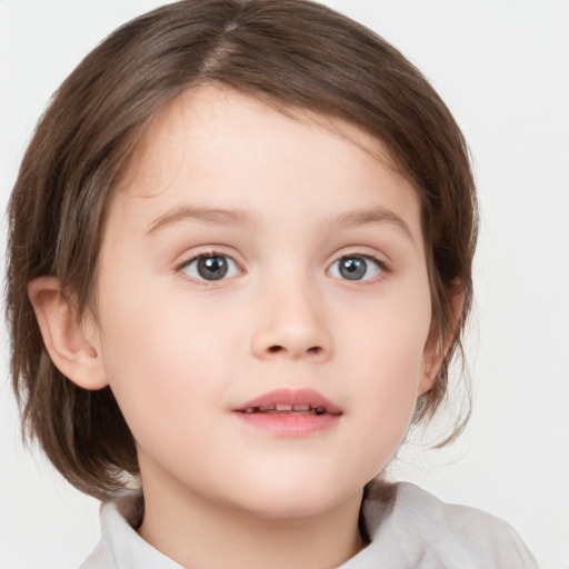 Neutral white child female with medium  brown hair and blue eyes