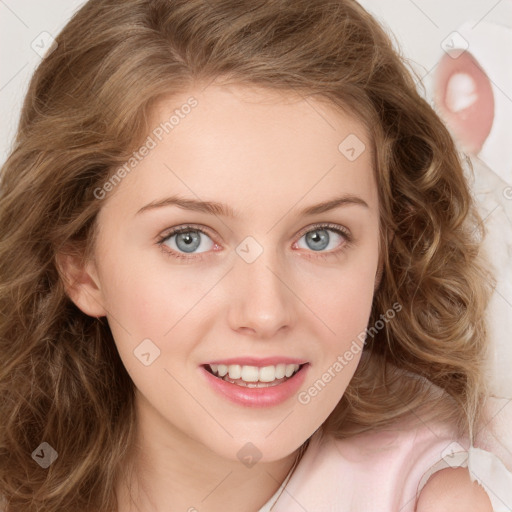 Joyful white young-adult female with long  brown hair and green eyes