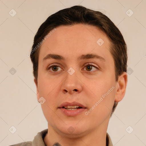 Joyful white young-adult female with short  brown hair and brown eyes