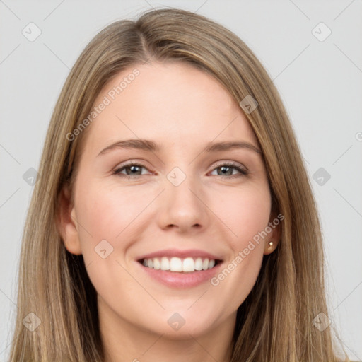 Joyful white young-adult female with long  brown hair and grey eyes