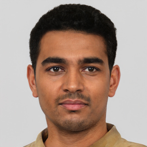 Neutral latino young-adult male with short  black hair and brown eyes