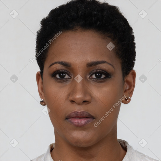 Neutral black young-adult female with short  black hair and brown eyes