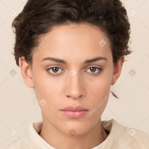 Neutral white young-adult female with short  brown hair and brown eyes