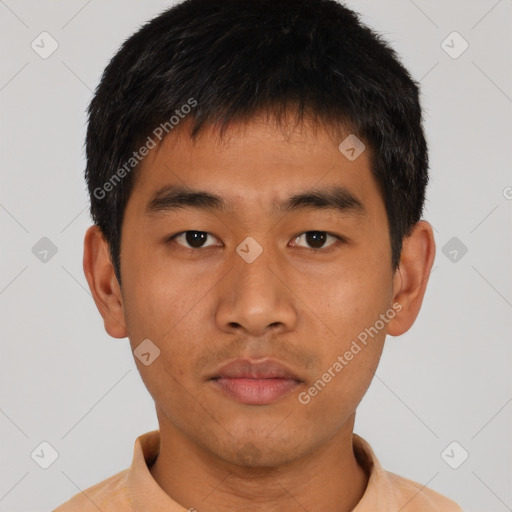 Neutral asian young-adult male with short  brown hair and brown eyes