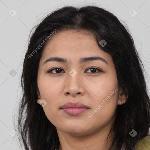 Neutral asian young-adult female with long  brown hair and brown eyes