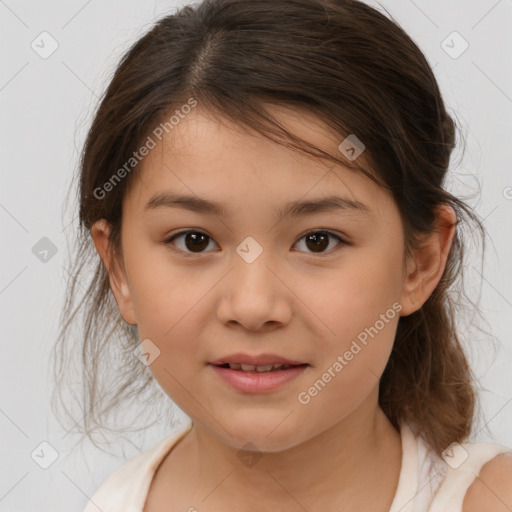 Joyful white child female with medium  brown hair and brown eyes