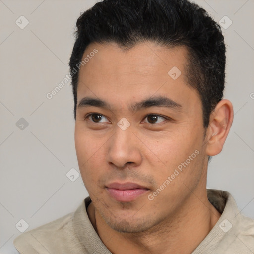 Neutral latino young-adult male with short  black hair and brown eyes