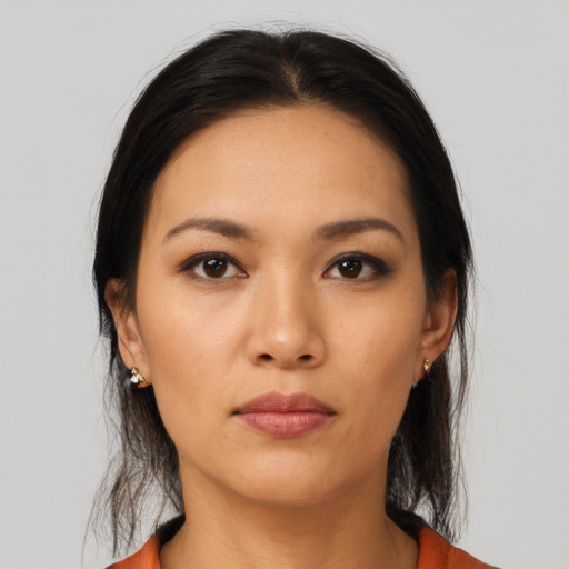 Neutral asian young-adult female with medium  black hair and brown eyes