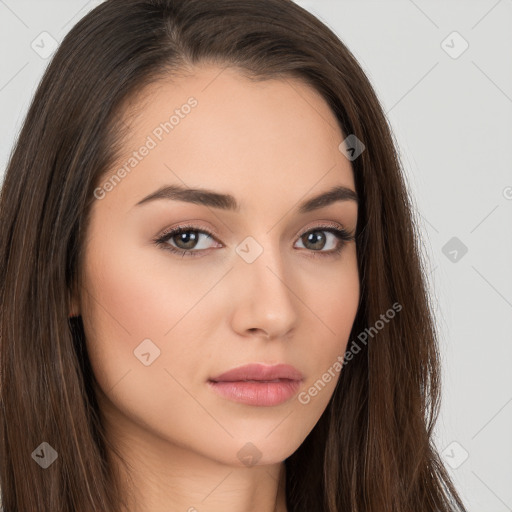 Neutral white young-adult female with long  brown hair and brown eyes