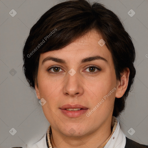 Joyful white young-adult female with medium  brown hair and brown eyes