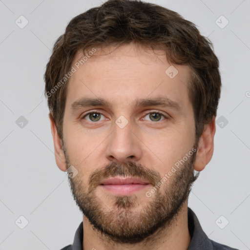 Neutral white young-adult male with short  brown hair and grey eyes