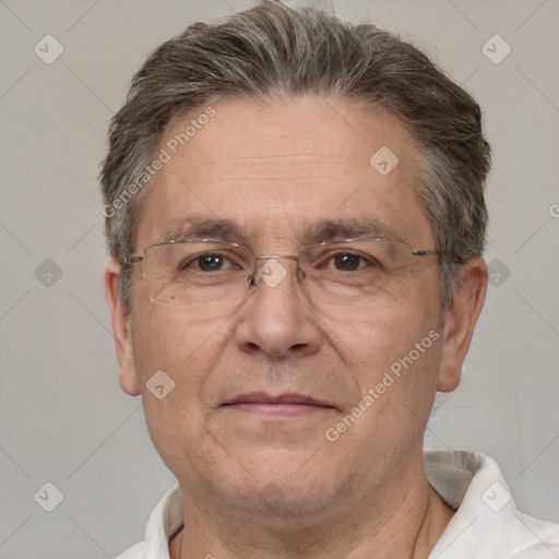 Joyful white middle-aged male with short  brown hair and brown eyes