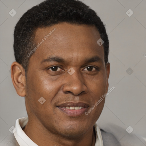 Joyful black young-adult male with short  brown hair and brown eyes