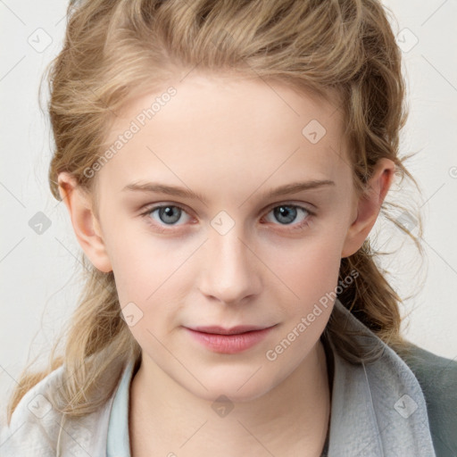 Joyful white child female with medium  brown hair and blue eyes