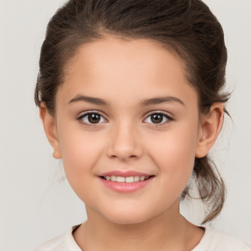 Joyful white child female with medium  brown hair and brown eyes