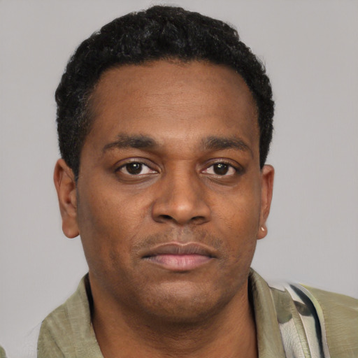 Neutral black young-adult male with short  black hair and brown eyes