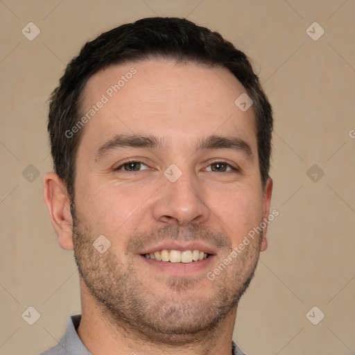 Joyful white young-adult male with short  brown hair and brown eyes