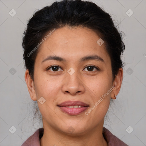 Joyful asian young-adult female with short  brown hair and brown eyes