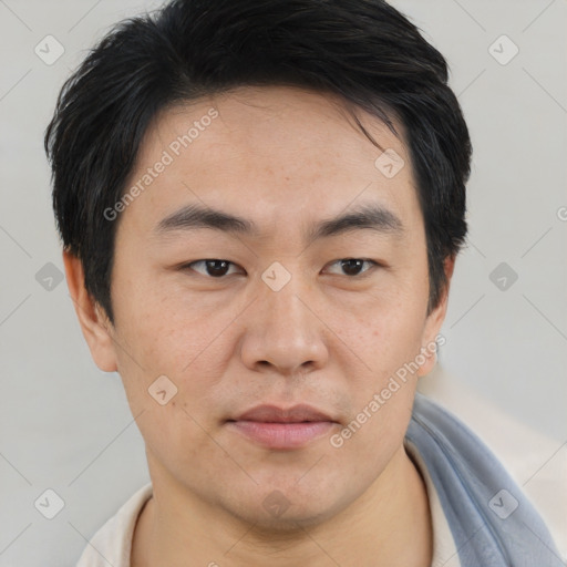 Neutral asian young-adult male with short  brown hair and brown eyes