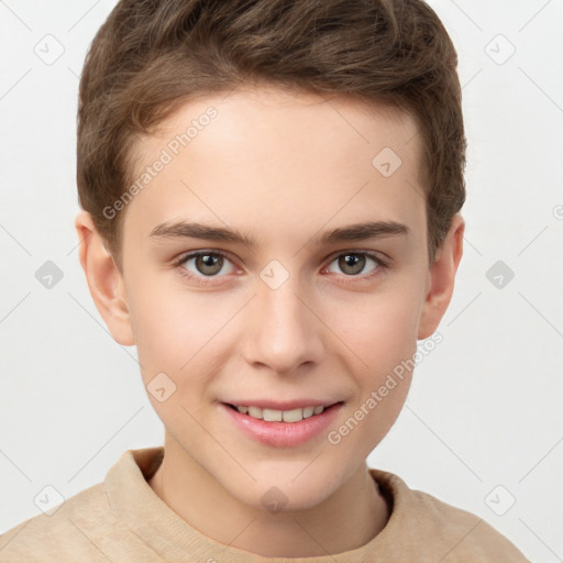 Joyful white child male with short  brown hair and brown eyes