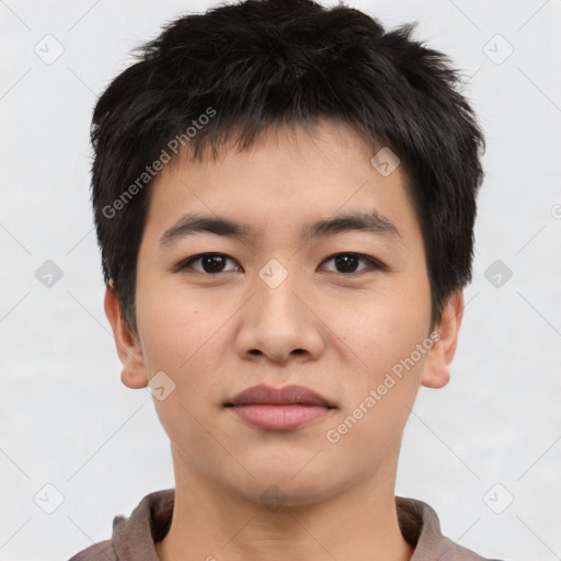 Neutral asian young-adult male with short  brown hair and brown eyes