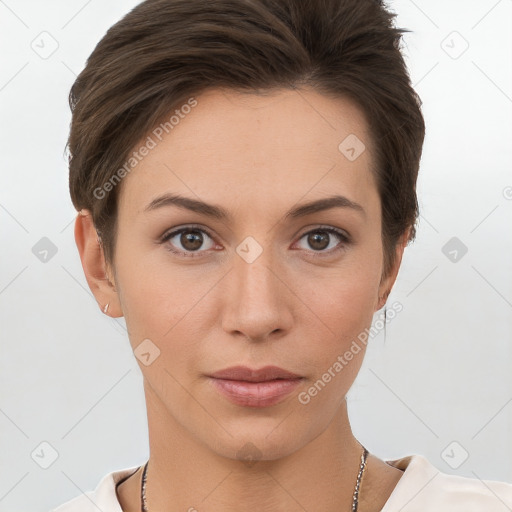 Neutral white young-adult female with short  brown hair and brown eyes