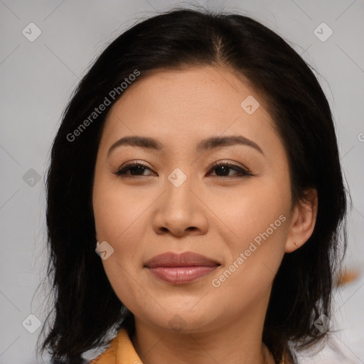 Joyful asian young-adult female with medium  brown hair and brown eyes