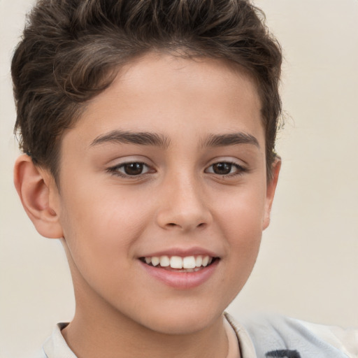 Joyful white child female with short  brown hair and brown eyes