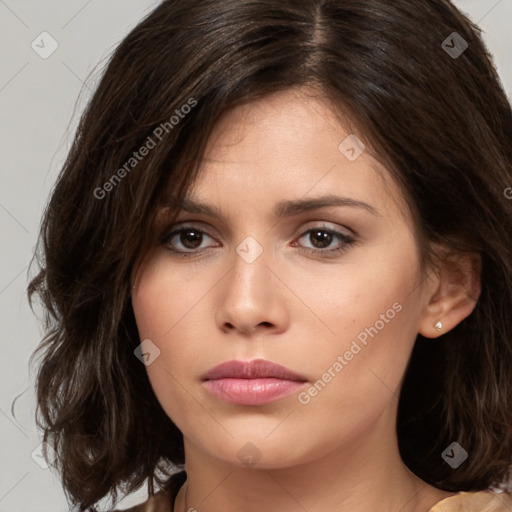 Neutral white young-adult female with medium  brown hair and brown eyes