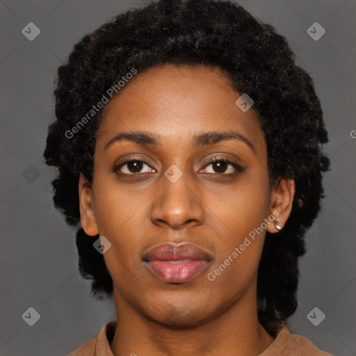 Neutral black young-adult female with short  black hair and brown eyes