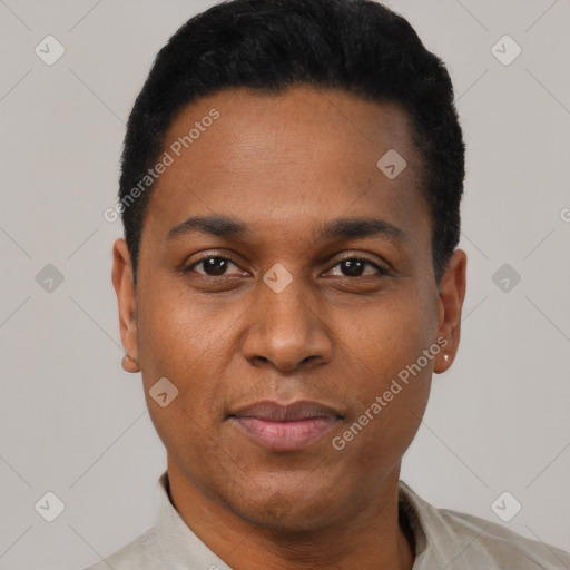 Joyful black young-adult male with short  black hair and brown eyes