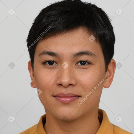 Joyful asian young-adult male with short  brown hair and brown eyes